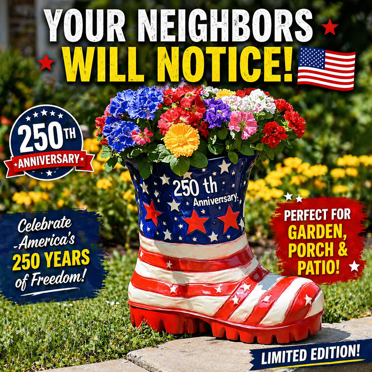 American Flag Boot Flower Pot – 250th Anniversary Edition