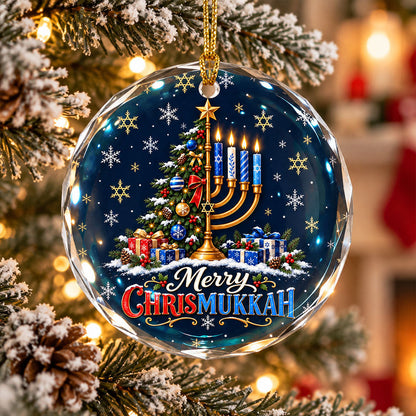 Merry Hanukkah Christmas Tree Menorah Glass Ornament