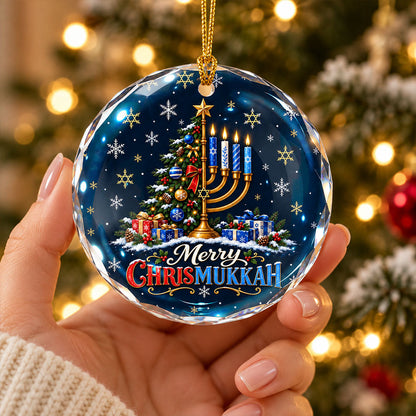 Merry Hanukkah Christmas Tree Menorah Glass Ornament