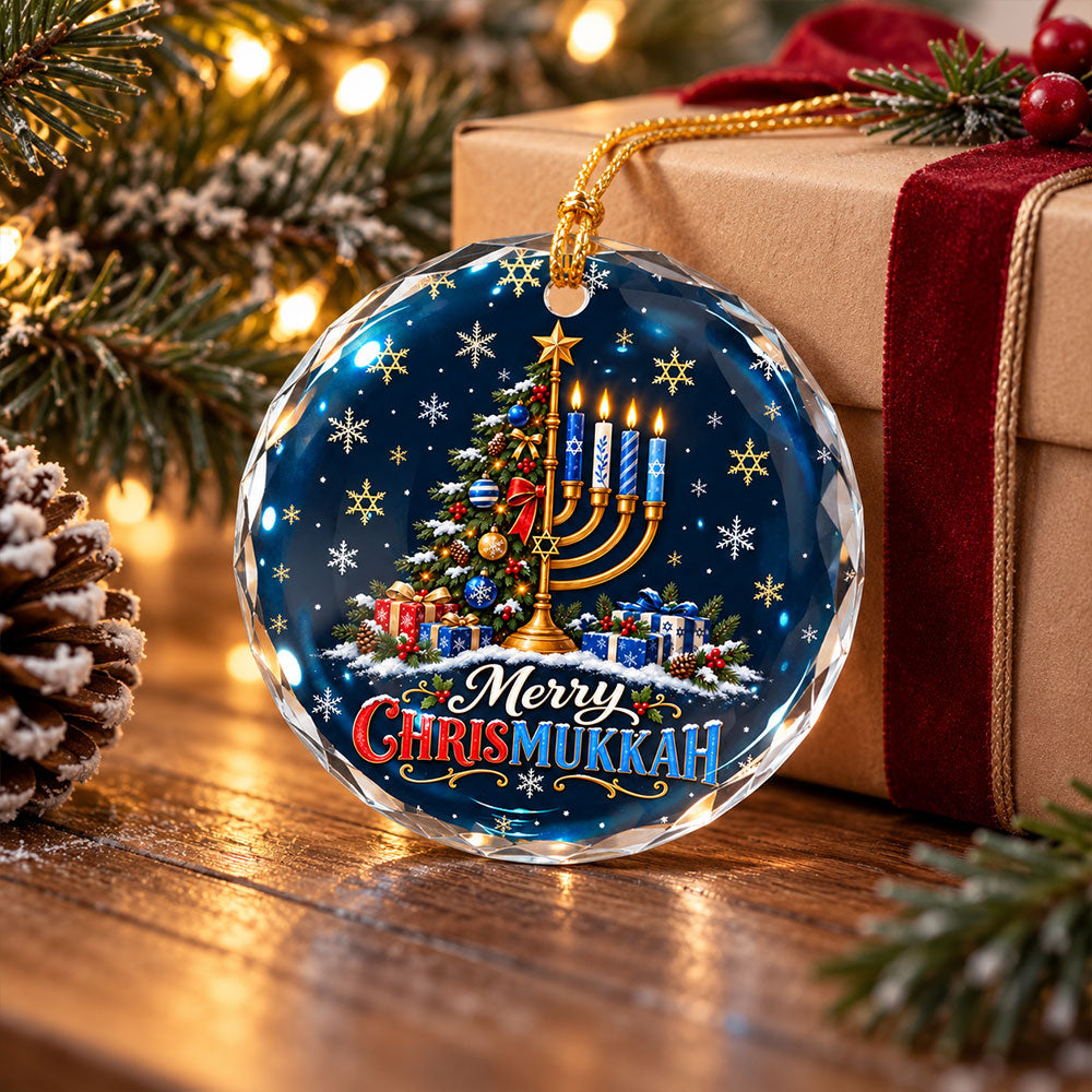 Merry Hanukkah Christmas Tree Menorah Glass Ornament