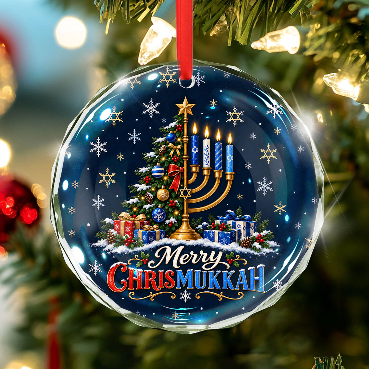 Merry Hanukkah Christmas Tree Menorah Glass Ornament