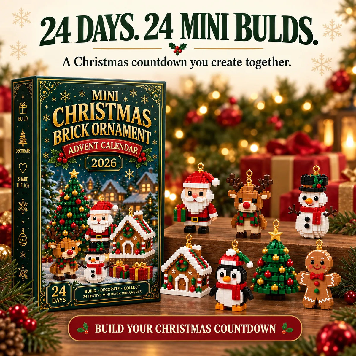 ⏳ Last Day 49% OFF – 🎄24-Day Mini Christmas Brick Ornament Advent Calendar | 24 Unique Buildable Holiday Ornaments to Create, Hang & Keep 🧱
