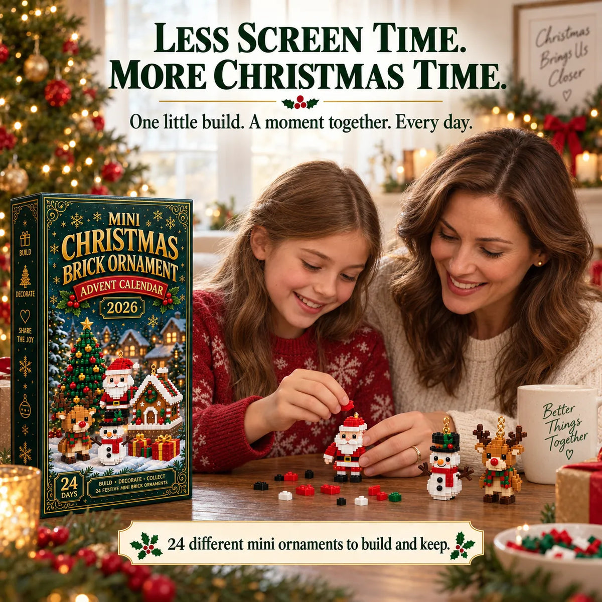 ⏳ Last Day 49% OFF – 🎄24-Day Mini Christmas Brick Ornament Advent Calendar | 24 Unique Buildable Holiday Ornaments to Create, Hang & Keep 🧱